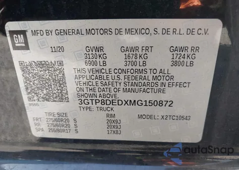 2021 GMC Sierra 1500 2Wd Short Box Slt z USA, uszkodzony, nr VIN 3GTP8DEDXMG150872